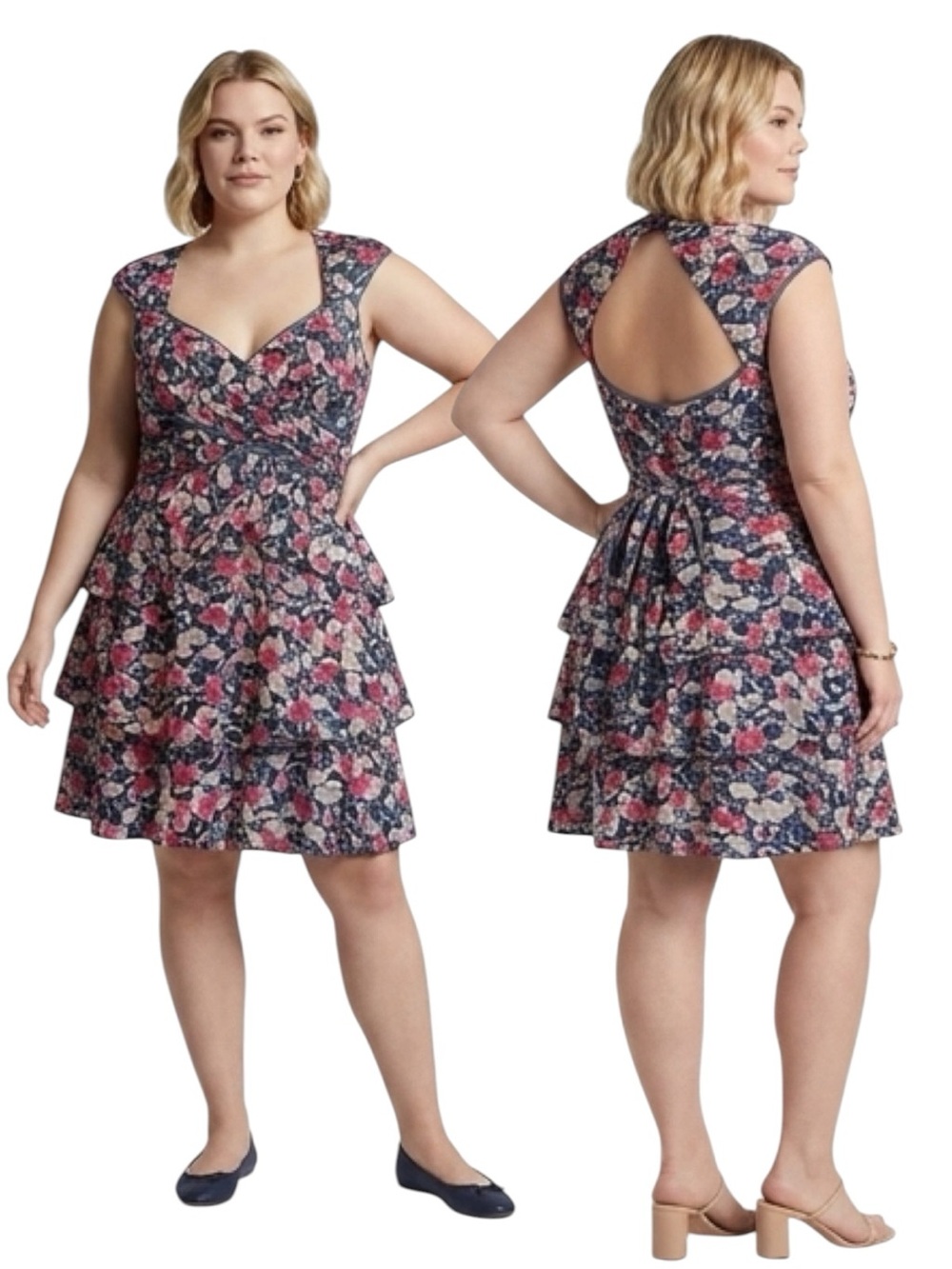 JESSICA Simpson Blue, Gray and Pink Floral Print Ruffle Dress